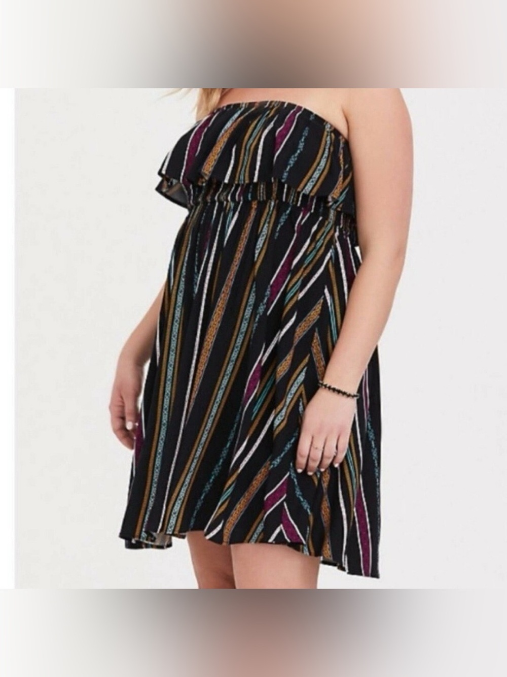 torrid Black Strapless Ruffle Dress with Multicolor Stripes